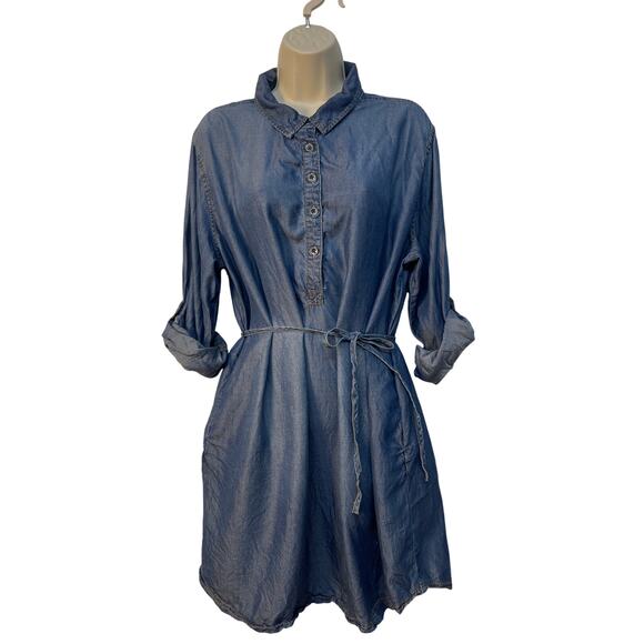 Time and Tru Denim Roll Up Sleeve Knee Length Collared Dress Pockets XL 16/18 - Picture 1 of 11